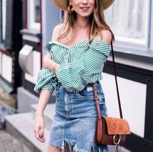 NWT Zara Green Striped Wide Open Neck Over the Shoulder Blouse Shirt puff Sleeve
